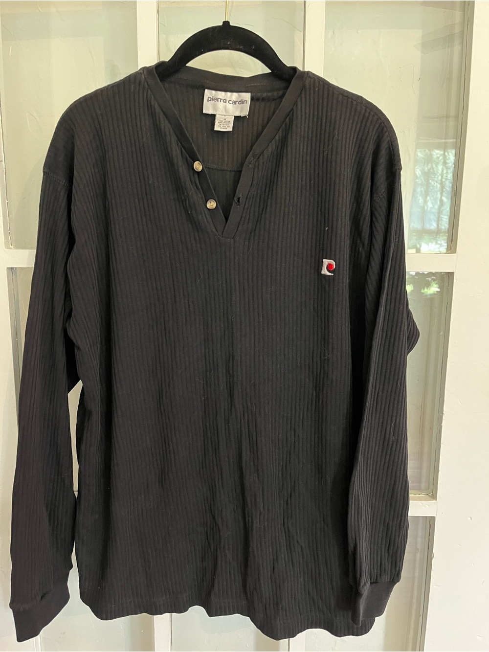 Pierre Cardin Black Ribbed Long-Sleeve Henley with Small Logo